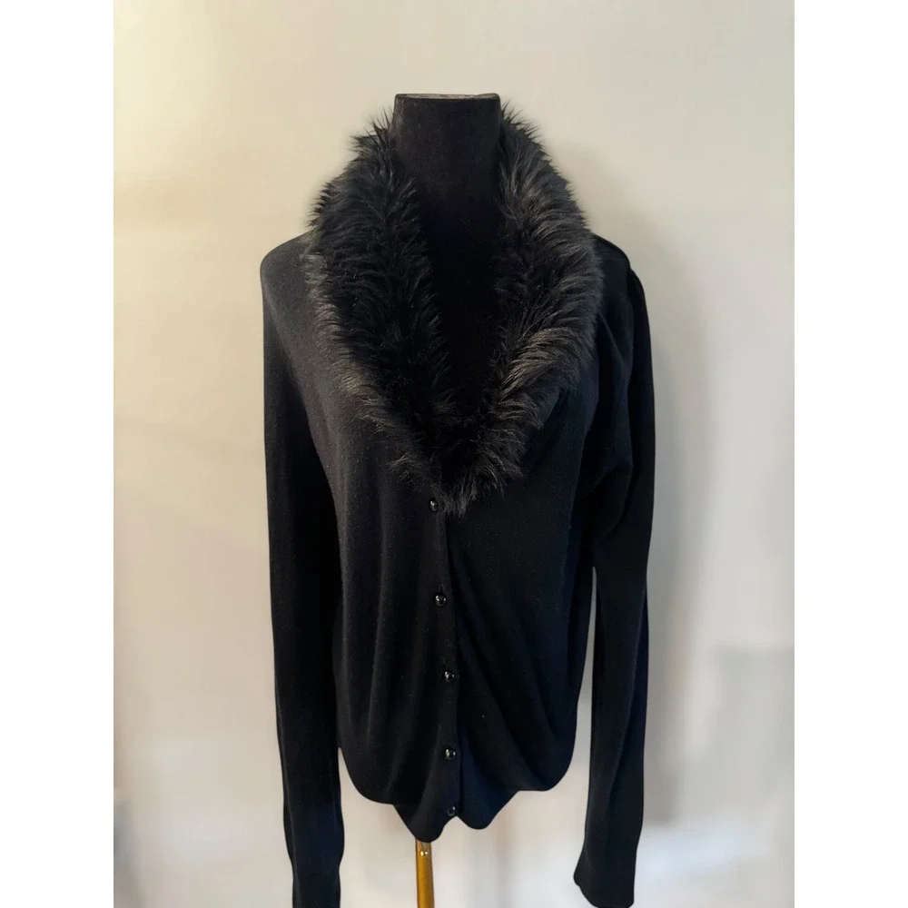 Y2K Goth Shimmer Black Cardigan Sweater Faux Fur‎ Collar Long Sleeve Womens - Picture 2 of 7